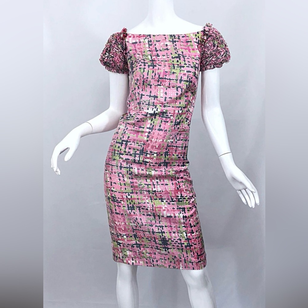 NWT YVES SAINT LAURENT silk dress with pink and green abstract print.